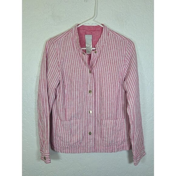 Chico's Reversible Jacket Pink Stripe Oxford Linen Cotton Snap Pockets 0 /small - Picture 1 of 5
